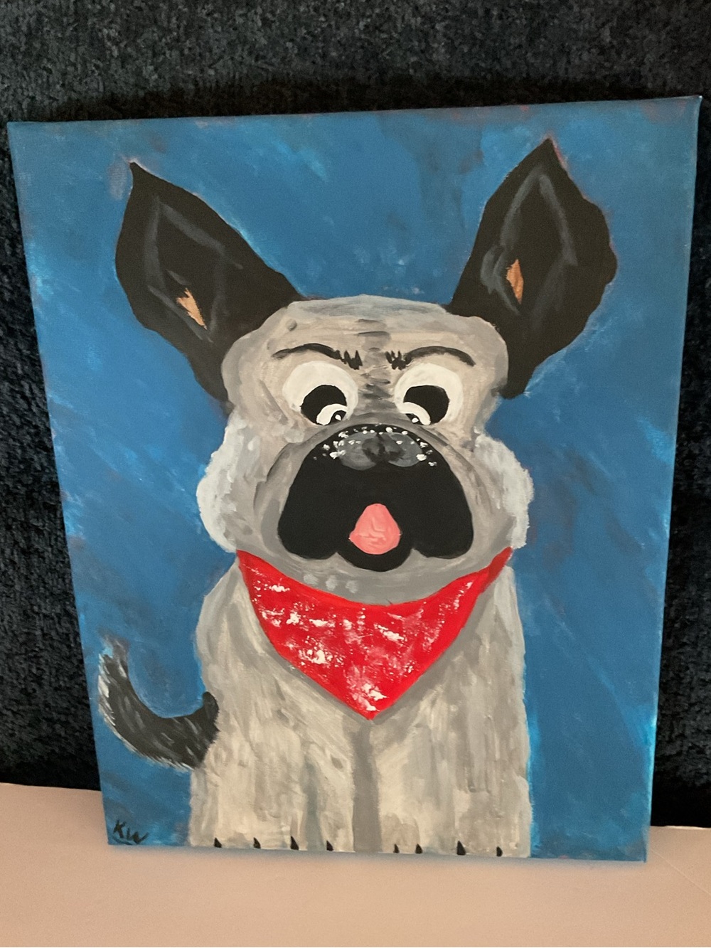 Handmade Acrylic Dog Painting on Canvas - Gray Dog with Red Bandana